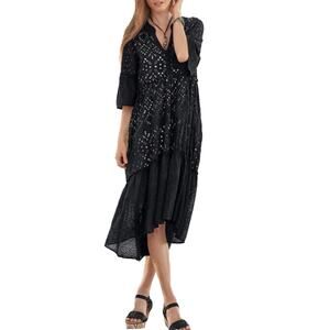 Sundance Selma Black Embroidered Eyelet Peasant Dress Midi High Low Size Large